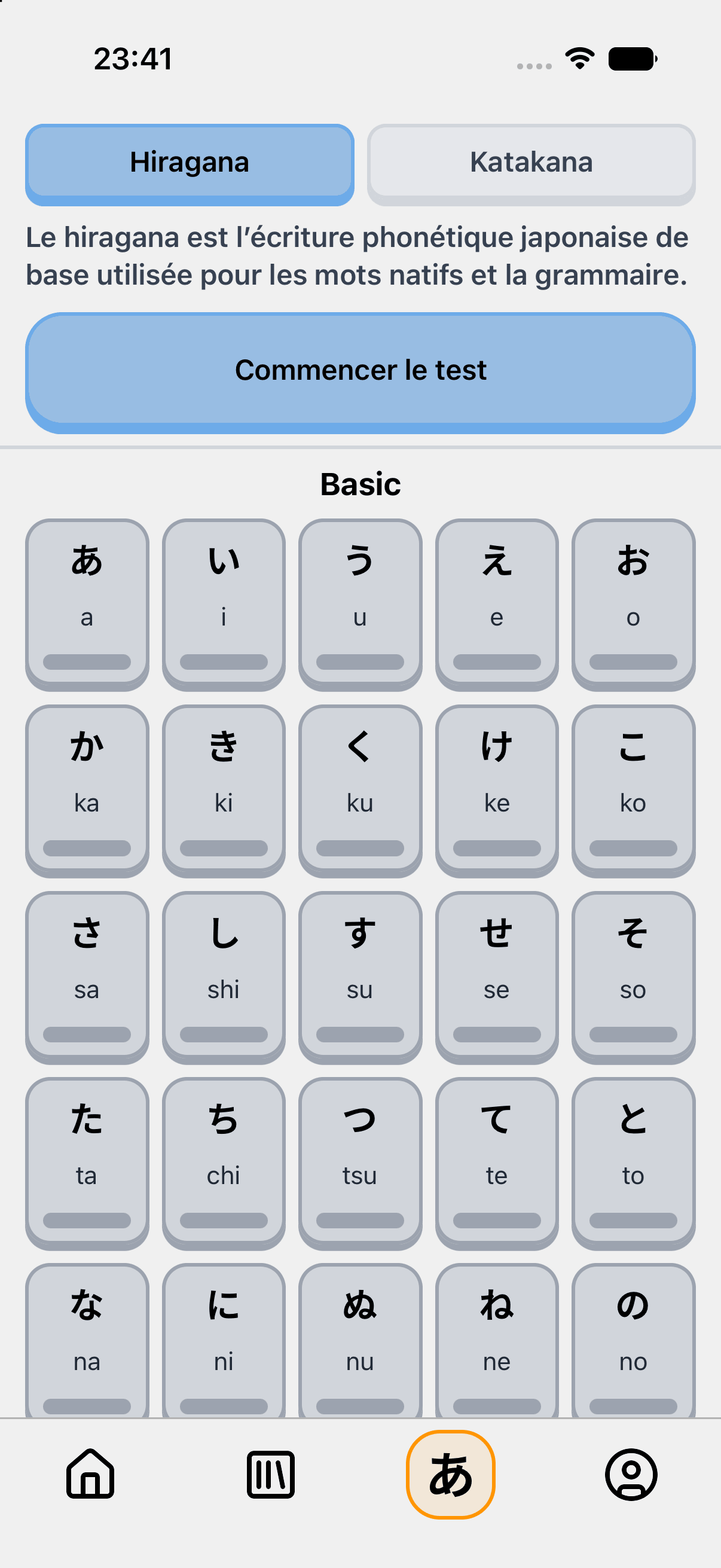 Grille d’apprentissage des hiragana dans Udiko
